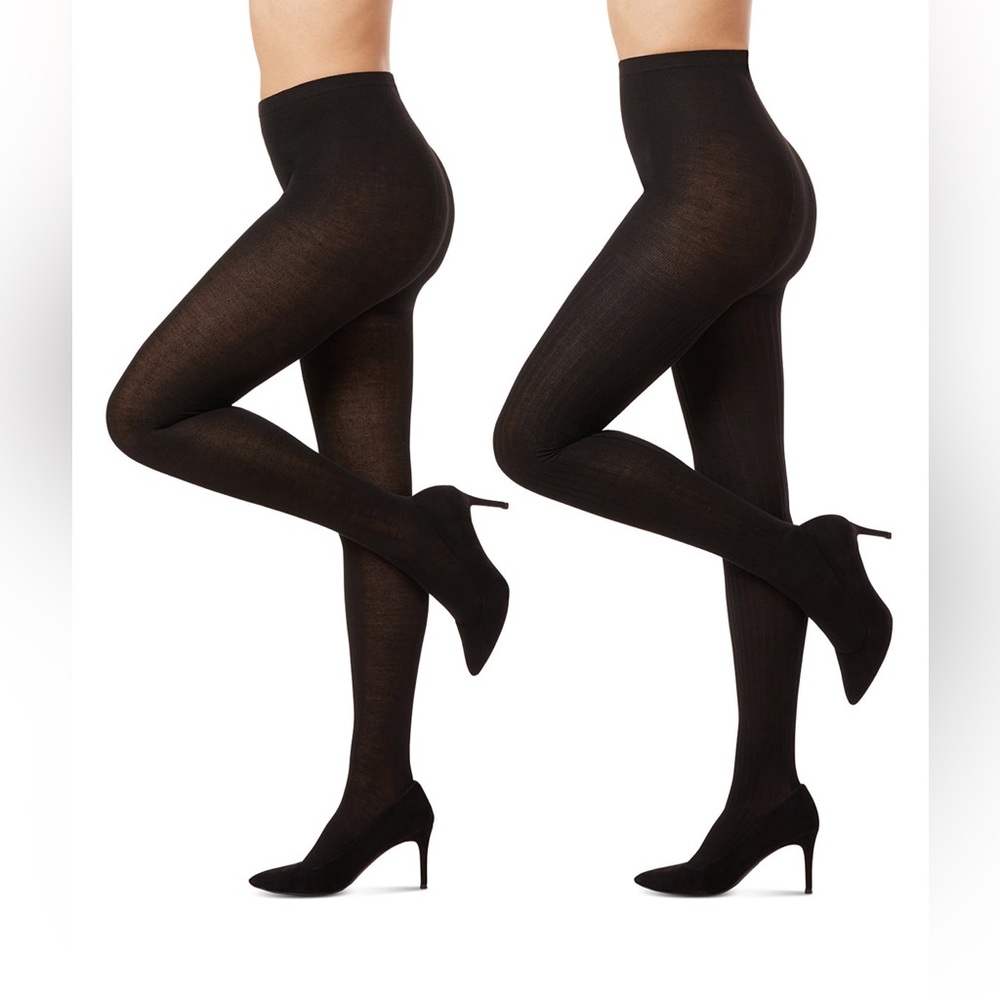 MEMOI 2 PAIR PACK SWEATER TIGHTS 1RIBBED 1 FLAT BLACK SIZE SMALL/MEDIUM NWT